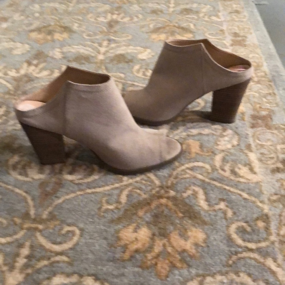 Cream suede open toed slip ons ...